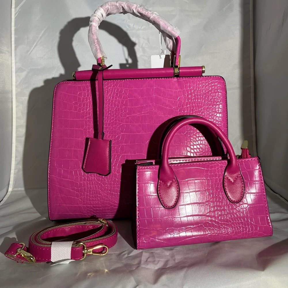 Hot Pink Faux Croc Satchel & Mini Purse Duo – Gold Hardware - Picture 1 of 3